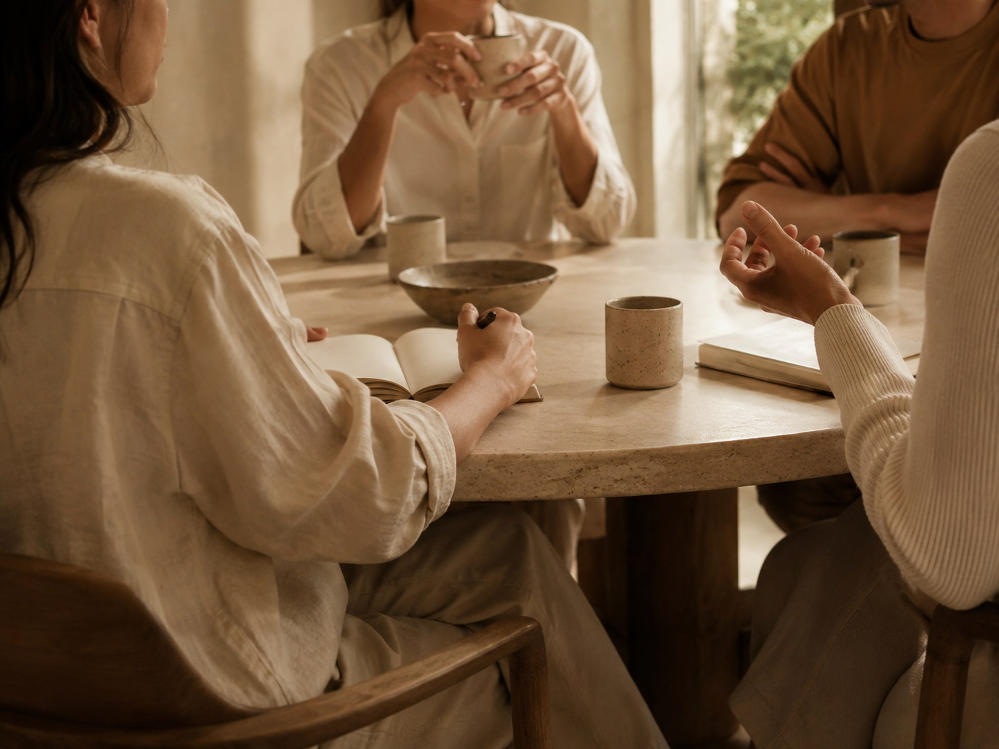 Pessoas reunidas em volta de uma mesa redonda, com cadernos e xícaras, em conversa